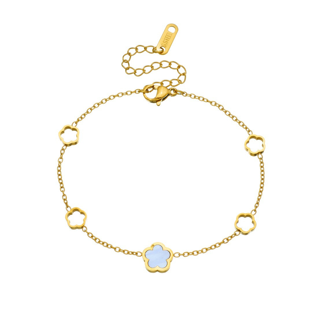Minimalist Gold Plated Stainless Steel Five-Petal Hollow Flower Mother of Pearl Bracelet for Women