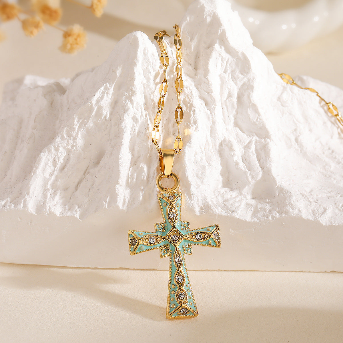 Minimalist Cross Pendant Necklace for Women in Copper with 18K Gold Plating and Enamel Finish