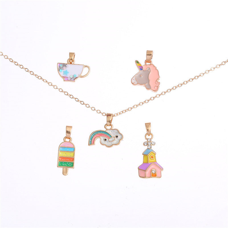 Sweet Cartoon Animal Drip Oil Alloy Charm Bar Necklace with Curb Chain for Kids