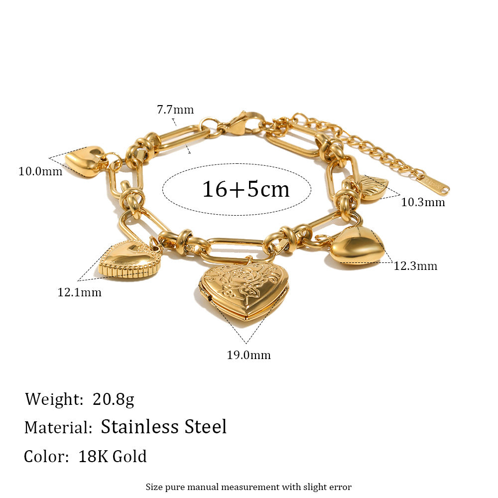 Bracciale da donna in acciaio inossidabile a forma di cuore stile Ins con finitura placcata