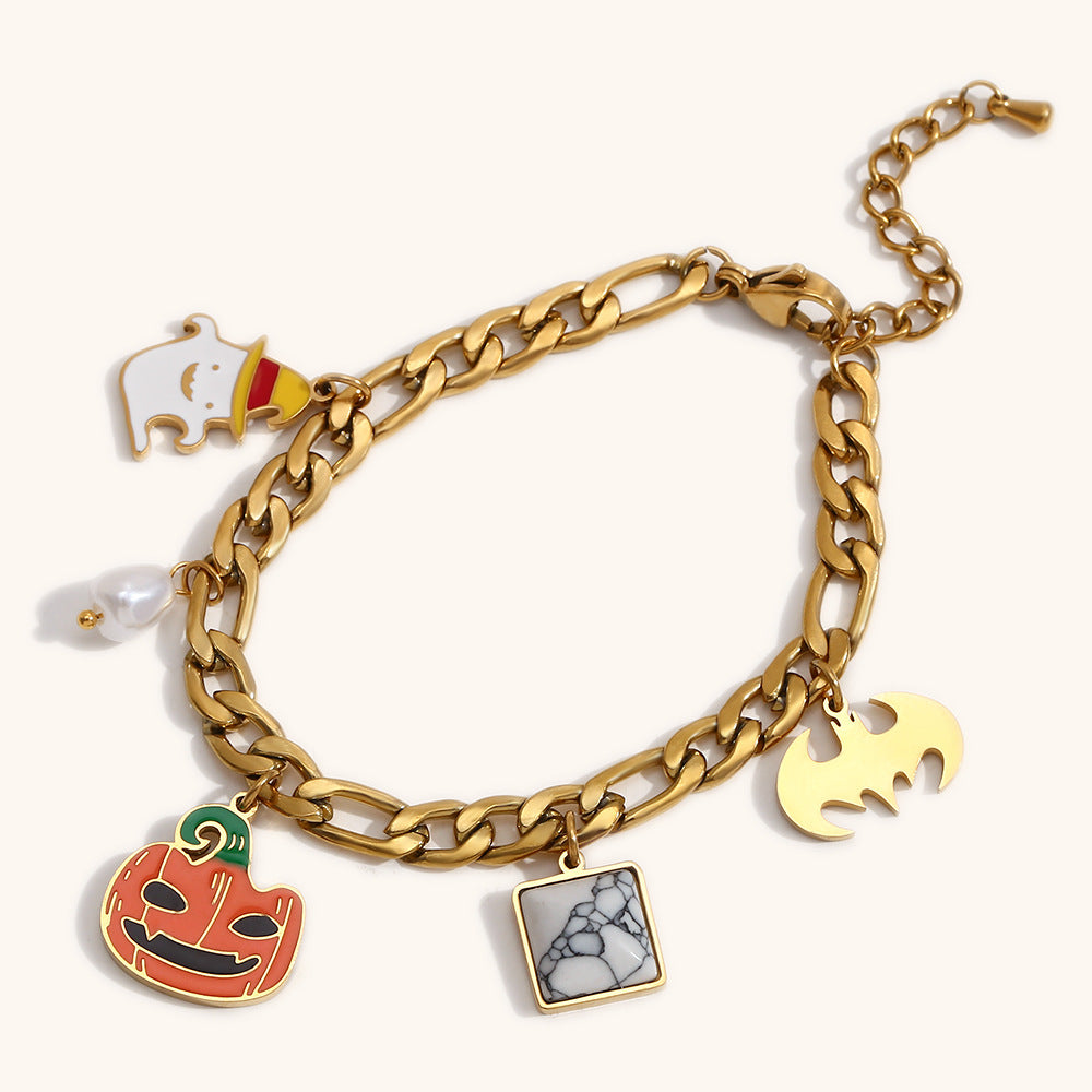 Bracciale da donna con ciondoli a zucca e pipistrello a tema Halloween, alla moda, in acciaio inossidabile con placcatura in oro 18 carati