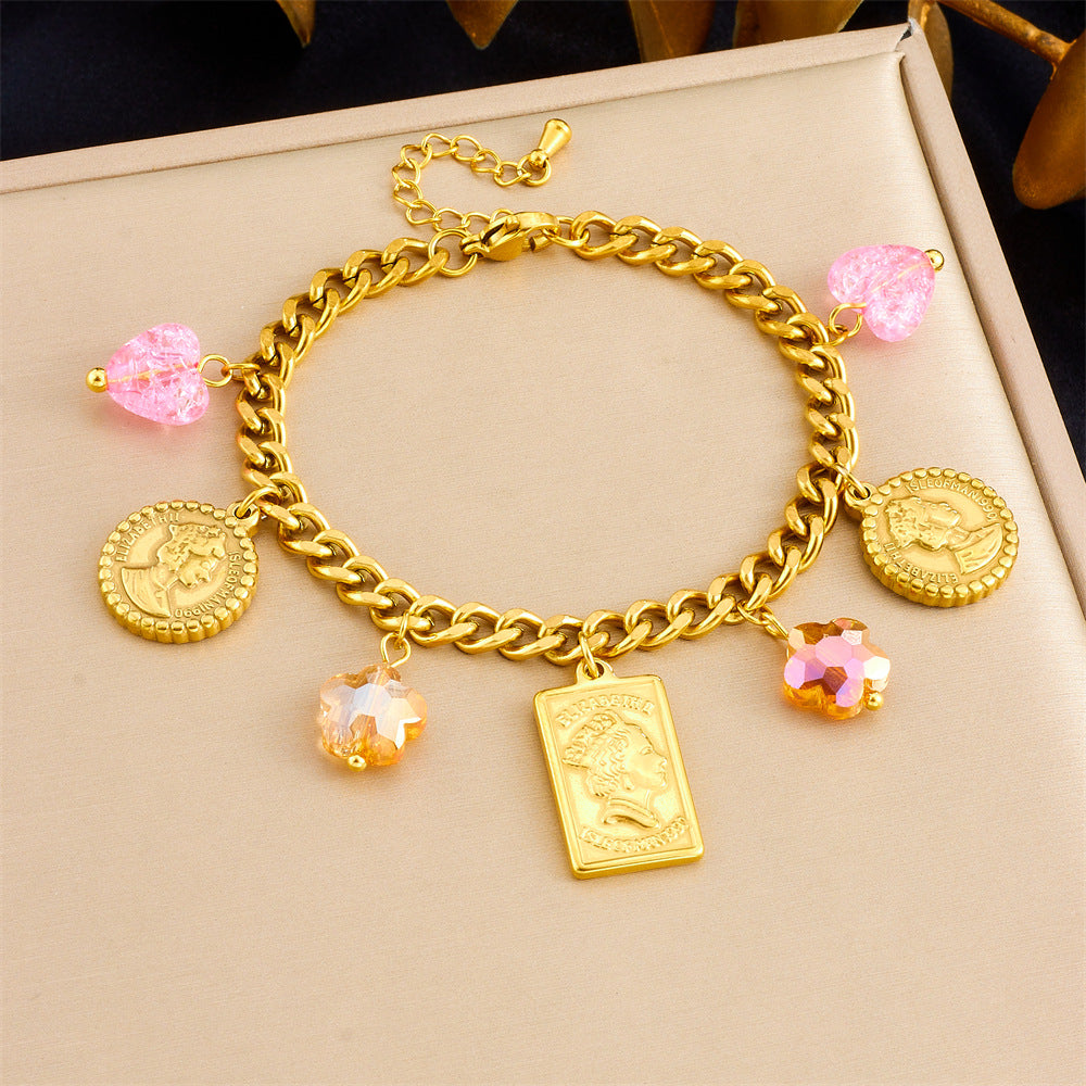 Set Collana con Ciondolo a Farfalla e Bracciale in Acciaio Inossidabile con Finitura Placcata, Stile Vintage