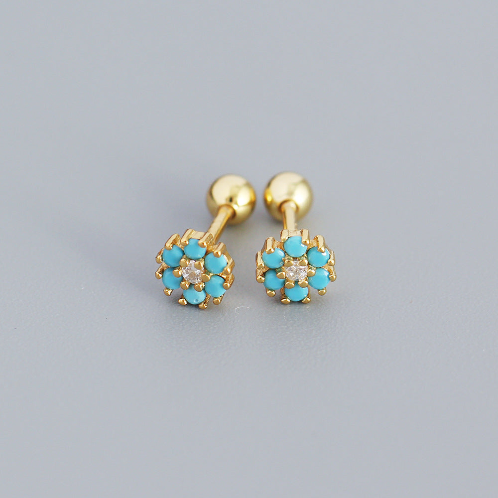 Pendientes minimalistas de plata de ley 925 con incrustaciones florales de circonita cúbica