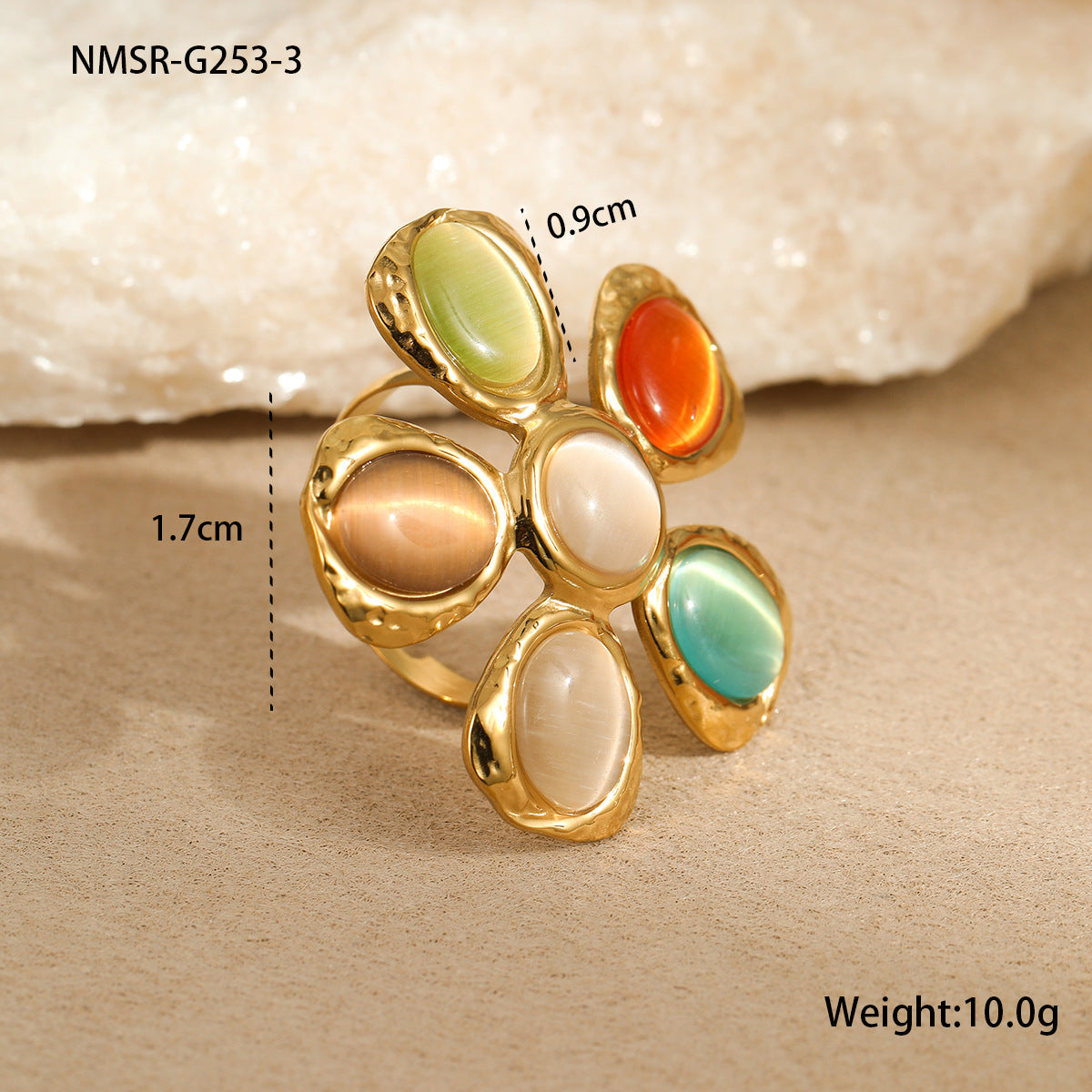 Orecchini a forma di fiore con texture martellata stile Instagram vintage in acciaio inossidabile con placcatura in oro 18 carati e dettagli in pietra occhio di gatto