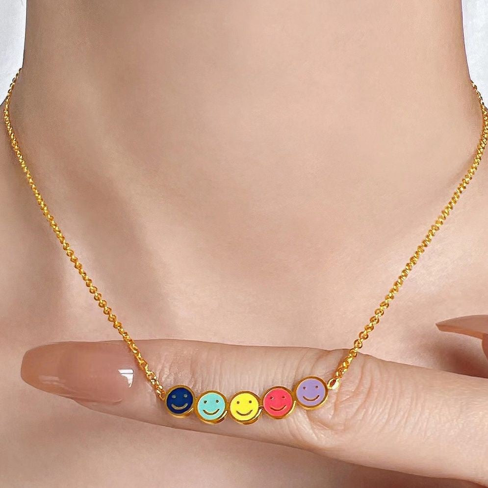 Minimalist Rainbow Smiley Face Pendant Necklace for Women in Titanium Steel with Enamel Finish and O-Chain