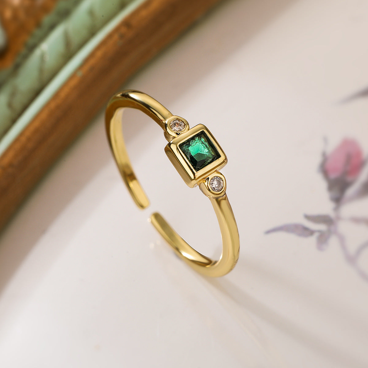 Minimalist Geometric Open-Ended Ring for Women in Brass with Real Gold Plating and Micro-Paved Zirconia