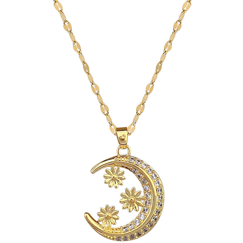 Minimalist Crescent Moon Floral Rhinestone Pendant Necklace for Women Titanium Steel Snake Chain Elegant Clavicle Jewelry