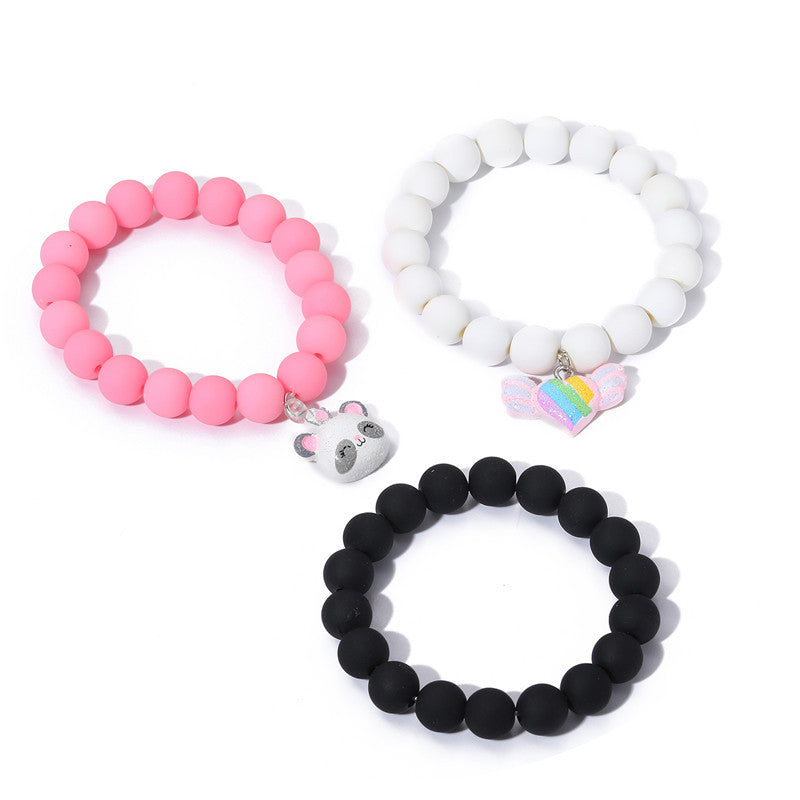 Pulsera de cuentas acrílicas con forma de corazón y panda de estilo de dibujos animados para niñas con colgante de resina, joyería infantil hecha a mano