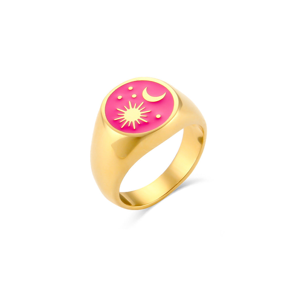 Anillo de Acero Inoxidable Geométrico Chapado con Sol y Luna para Mujer con Acabado Esmaltado