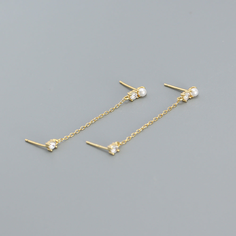 Orecchini pendenti da donna in argento sterling 925 con perle finte e intarsi in strass, design geometrico dolce e audace