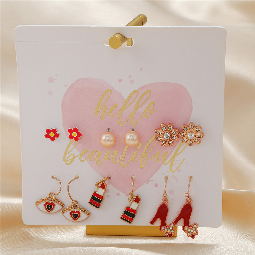 Sweet French Style Heart Geometric Alloy Rhinestone Inlay Earring Set for Women