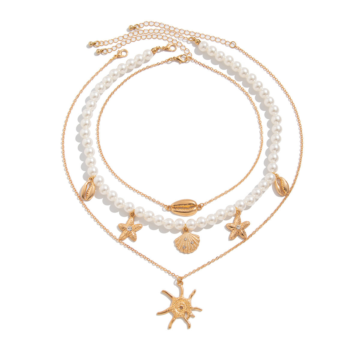 Bohemian Vintage Starfish Shell Pearl Beaded Necklace Alloy Plated Pendant Multi-layer Cable Chain for Women