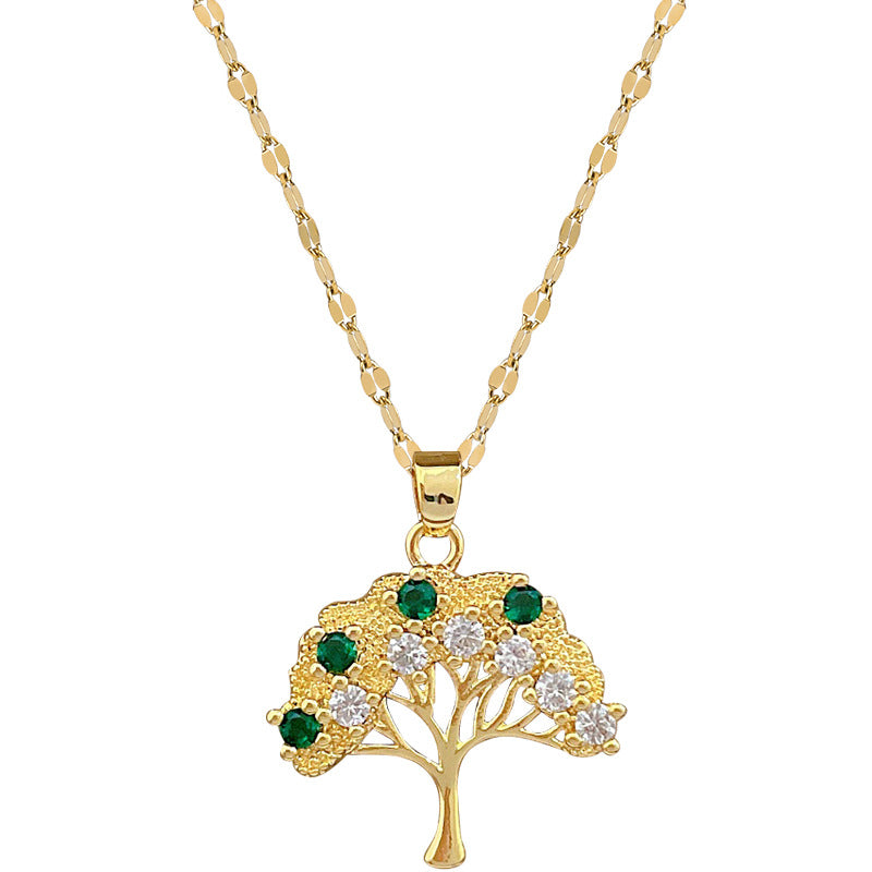 Minimalist Geometric Tree of Life Pendant Necklace in Stainless Steel with Rhinestone Accents for Women and Men