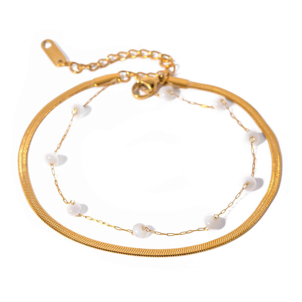 Tobillera de mujer de acero inoxidable chapado en oro de 18 quilates, estilo francés, cadena de serpiente plana con cuentas redondas de concha