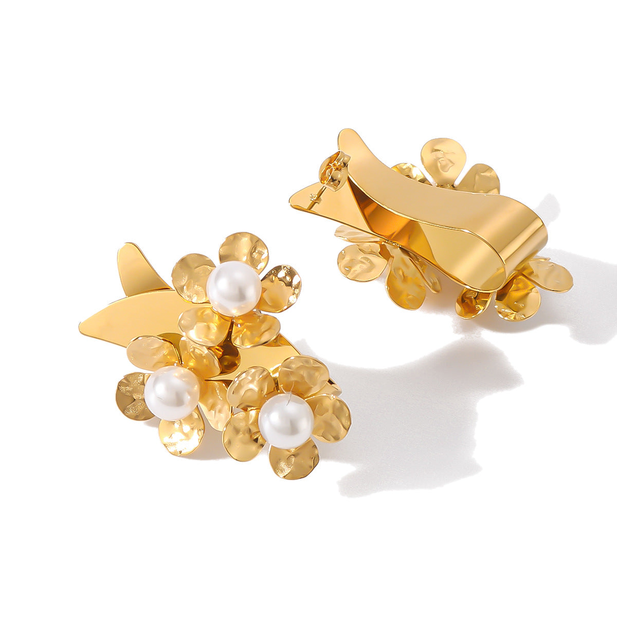 Orecchini da donna minimalisti in acciaio inossidabile con perle a fiore, forma geometrica e placcatura oro