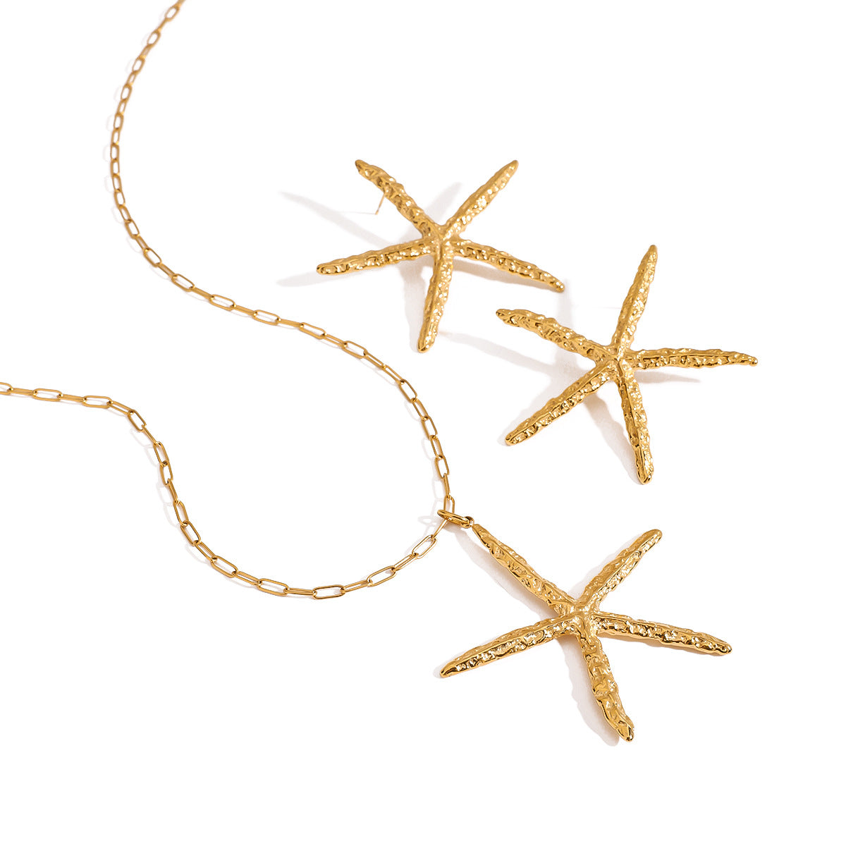 Set di collana e orecchini da donna in acciaio inossidabile placcato con stelle marine, elegante e minimalista