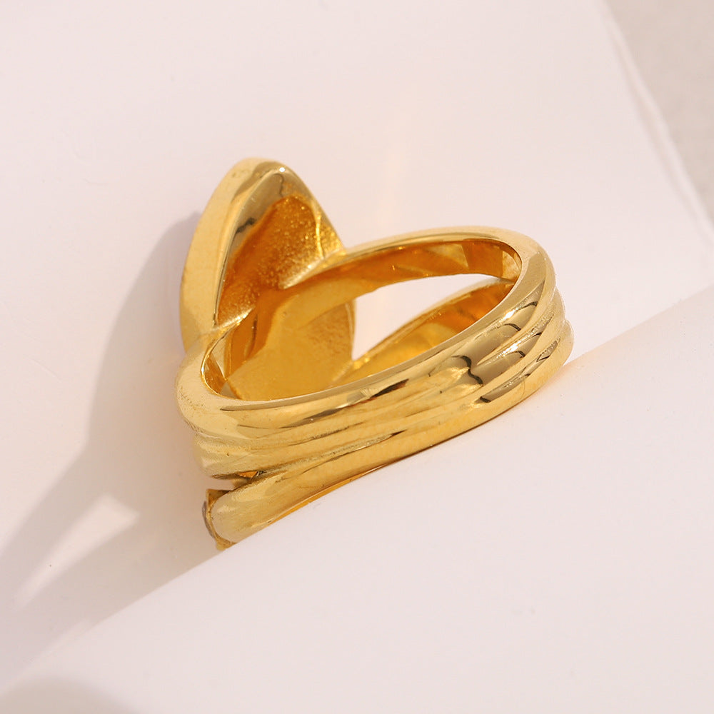 Fashionable Geometric Stainless Steel Plated 18K Gold Multi-Layer Teardrop Zircon Ring for Women