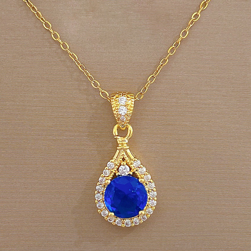 Minimalist Sweet Teardrop Geometric Gold Plated Rhinestone Inlay Titanium Steel Necklace for Women