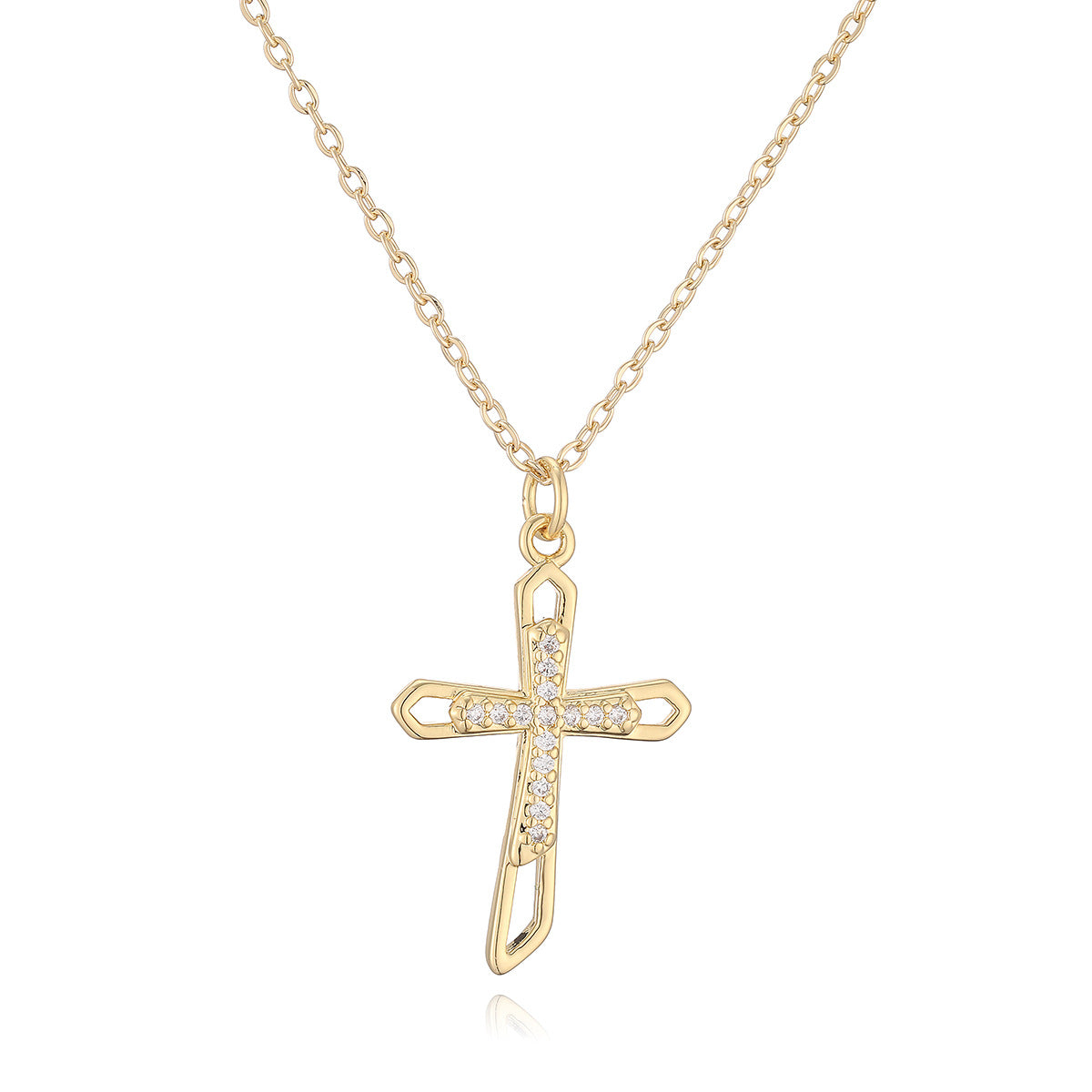Minimalist Gold Plated Brass Cubic Zirconia Cross Pendant Necklace for Women