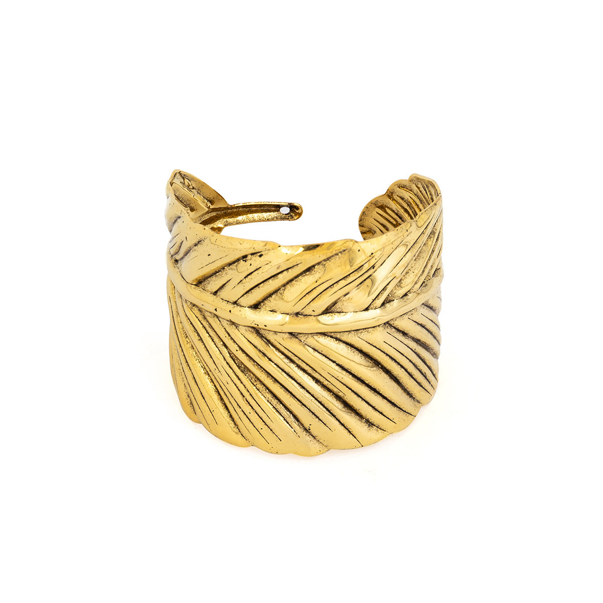 Bracciale rigido aperto da donna in stile bohémien a forma di piuma, realizzato in metallo con finitura placcata