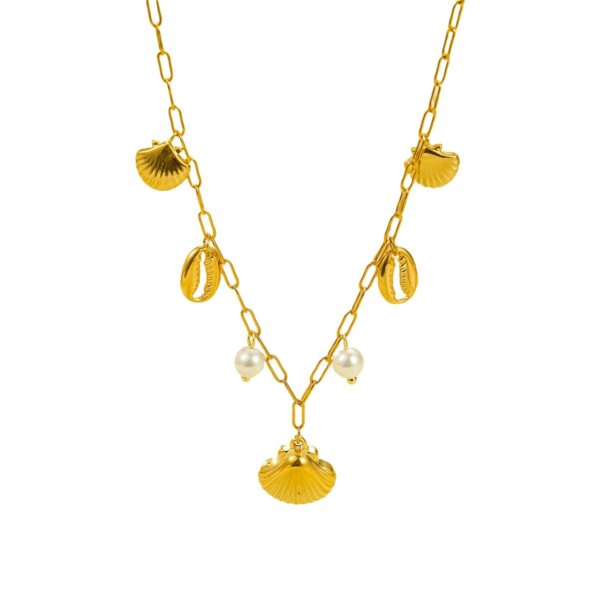 Collana con ciondolo a conchiglia e perla serie Oceano da donna in acciaio al titanio con finitura placcata e delicata catena per clavicola