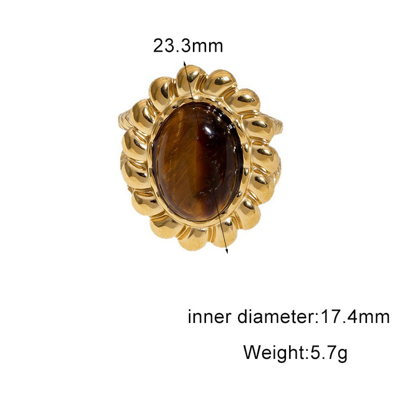 Vintage 18K Gold Plated Titanium Steel Open Ring with Tiger's Eye Inlay Round Oval Crown Design