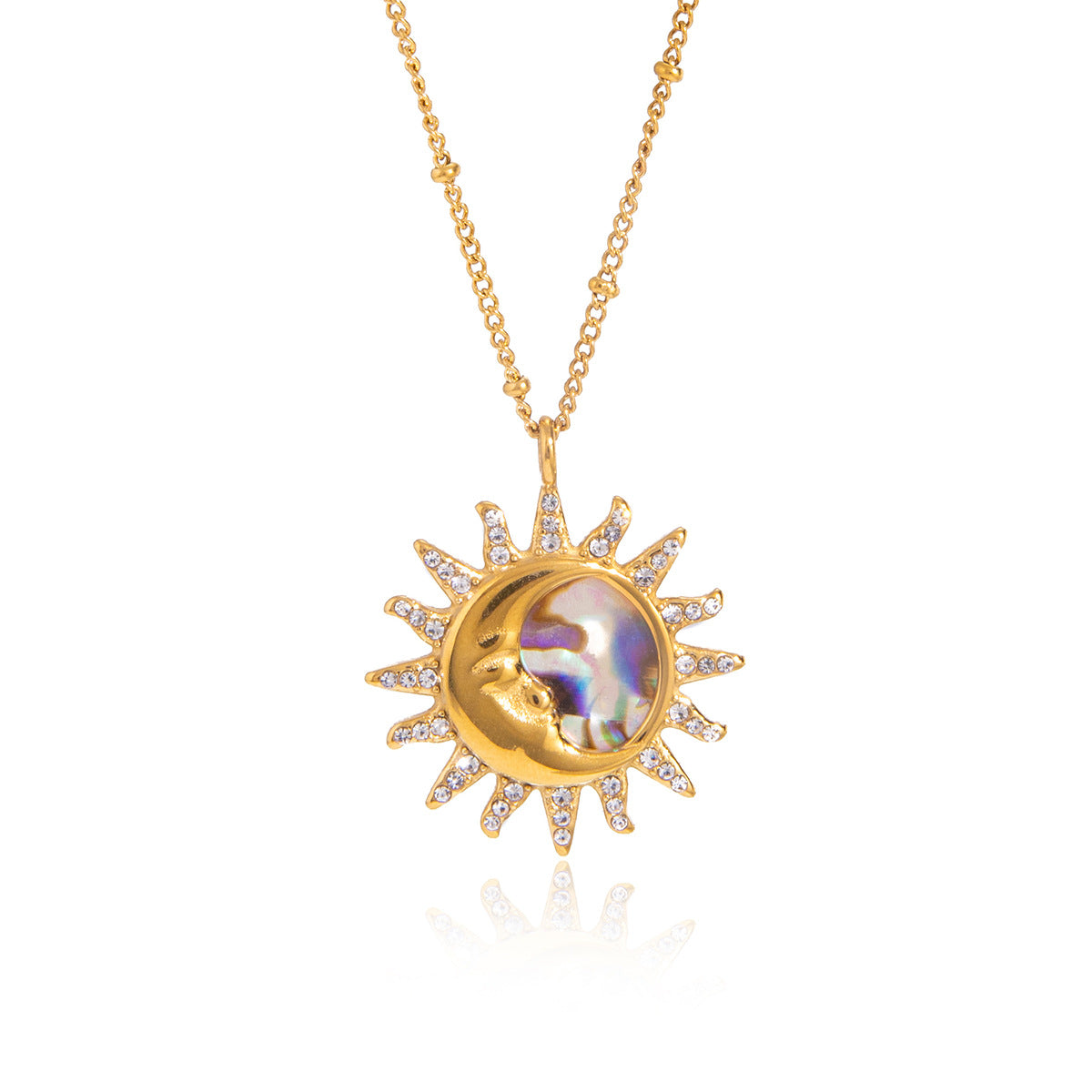 Minimalist Geometric Titanium Steel Necklace with Rhinestone and Abalone Shell Sun Design PVD Gold Plated for Women