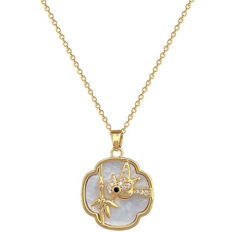 Collar con colgante minimalista de concha y pájaro carpintero de acero de titanio con incrustaciones de diamantes de imitación para mujeres y hombres