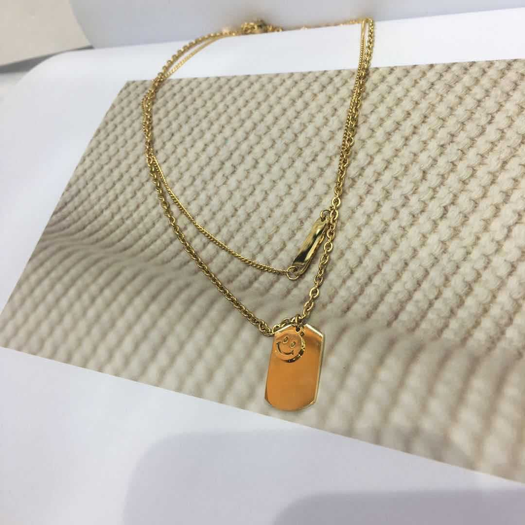 Minimalist Double-Layer Rectangular Cuban Chain Necklace with Smile Pendant for Women