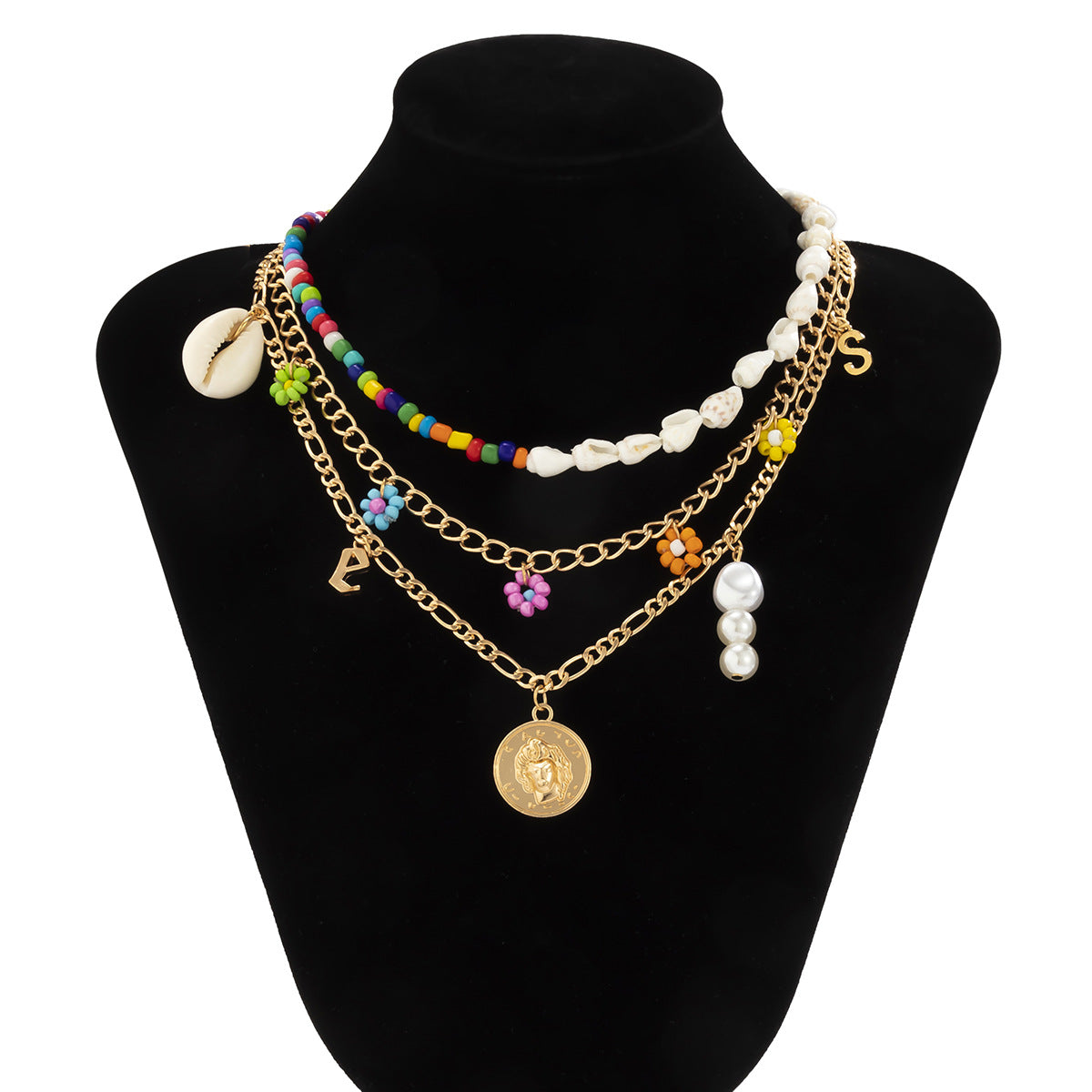 Asymmetrical Ocean-Inspired Shell and Daisy Pendant Necklace with Tassel Accents for Women, Alloy Base with Plating Finish, Geometric Design on Beaded Chain