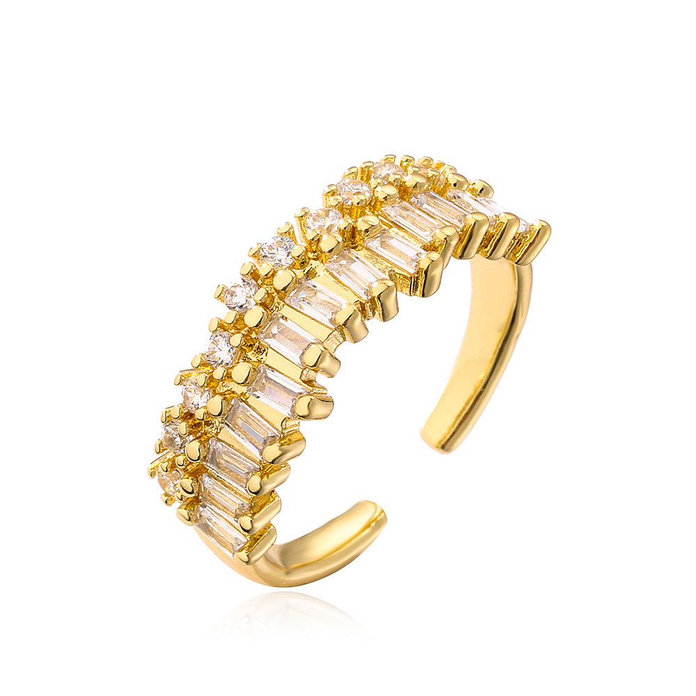 Anello Aperto Minimalista Geometrico da Donna in Ottone Placcato Oro Reale e Zirconia Micro-Incastonata
