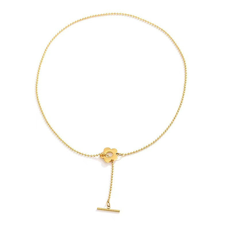 Collana con pendente geometrico floreale minimalista in acciaio al titanio da donna, con finitura placcata oro e catena a sfera