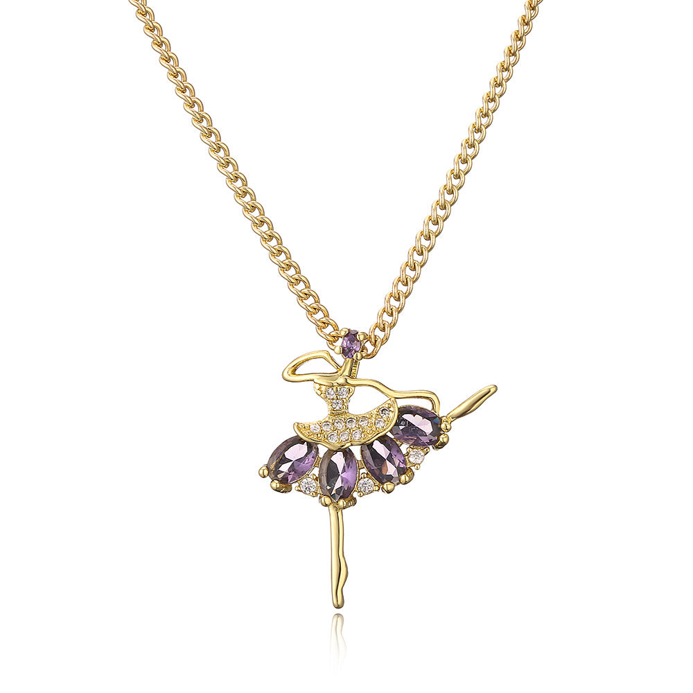 Minimalist Ballet Dancer Pendant Necklace with Copper Base Plated in 18K Gold and Zircon Inlay