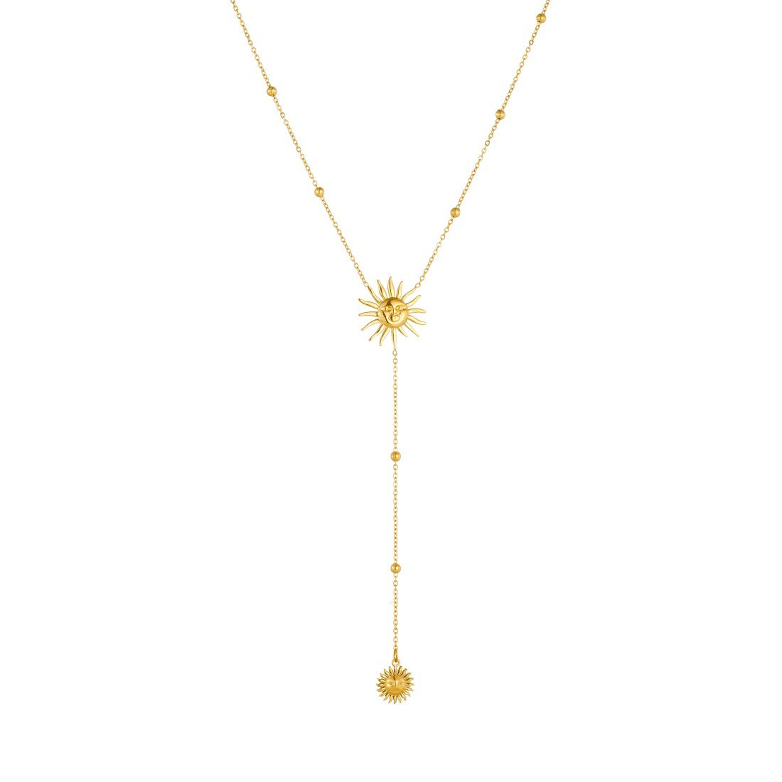 Vintage Gold Plated Stainless Steel Sun Face Tassel Y-Shape Necklace for Women