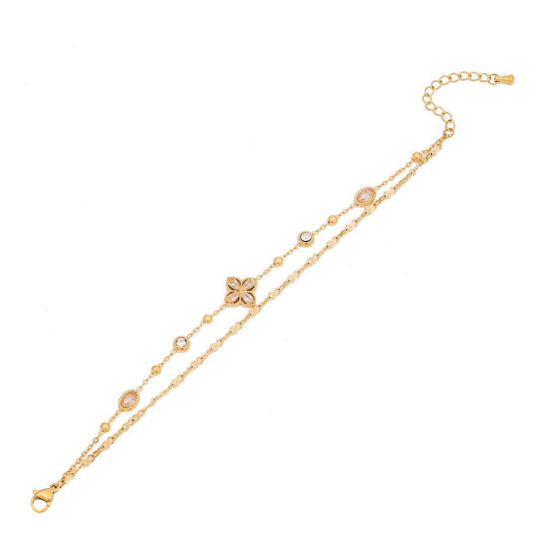 Natural Floral Pearl-Look Double-Layer Bracelet in Stainless Steel with Rhinestone Accents for Women