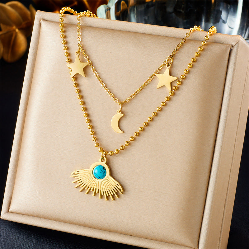 Vintage Bohemian Stainless Steel Heart Star Butterfly Square Pendant Necklace with Rhinestone and Turquoise Inlay