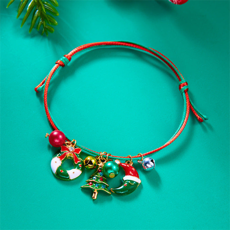 Pulsera trenzada navideña para mujer con colgante de Papá Noel y árbol de Navidad, joyería de aleación para regalo festivo