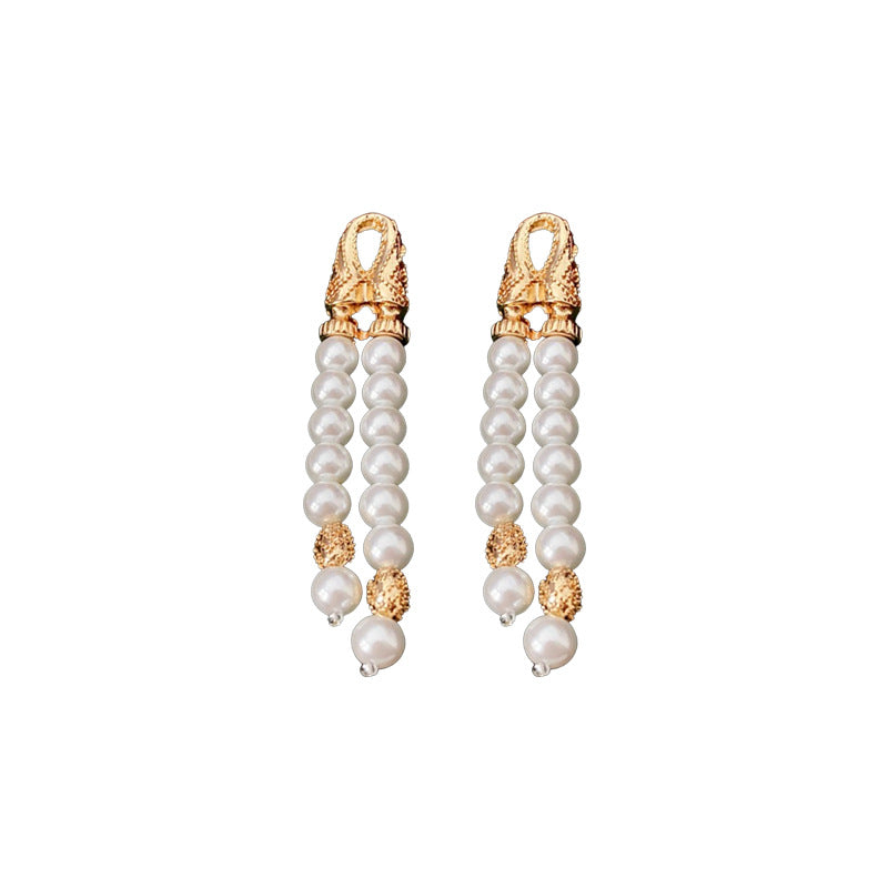 Chic Geometric Double-Layer Faux Pearl Dangle Earrings with Silver-Plated Steel Posts for Women