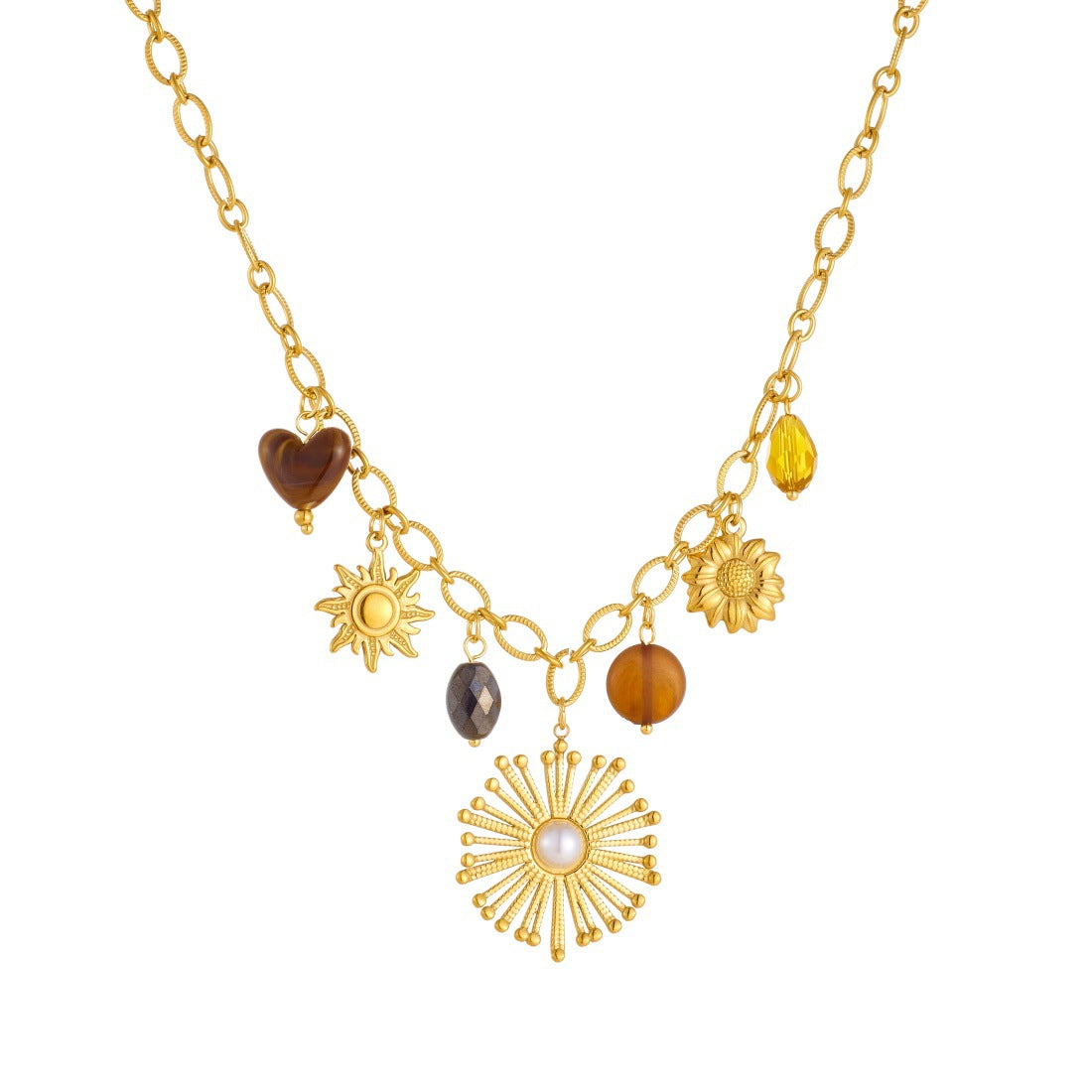 Vintage Gold Plated Stainless Steel Floral Pearl Pendant Necklace Cable Chain