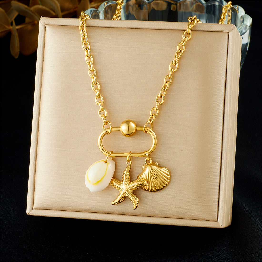 Gold Plated Drip Oil Stainless Steel Plant Pendant Necklace with Cable Chain for Women
