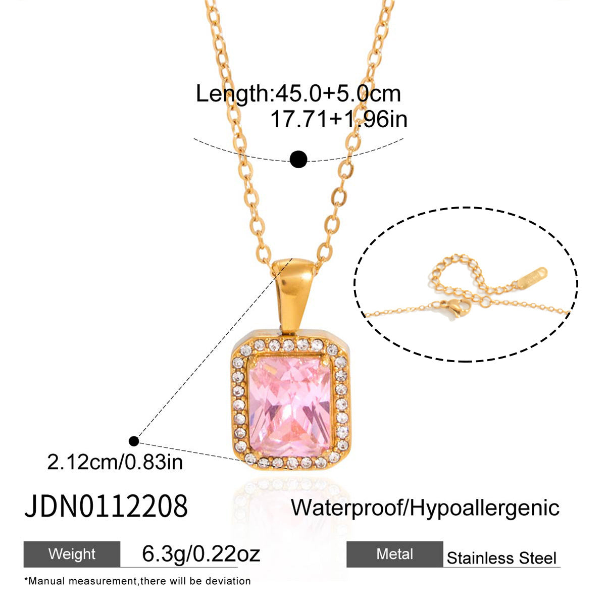 Minimalist Pink Cubic Zirconia Geometric Square PVD Gold Plated Stainless Steel Necklace for Women