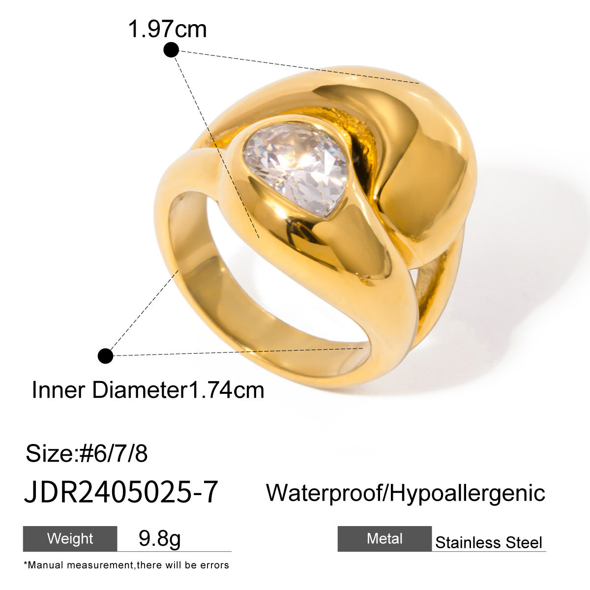 Trendy 18K Gold Plated Titanium Steel Irregular Water Drop Ring with White Zircon for Unisex
