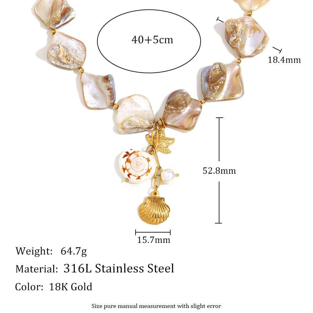 Set collana e bracciale pendente conchiglia barocca in acciaio inossidabile placcato oro 18K da donna con motivi di stelle marine e vita marina