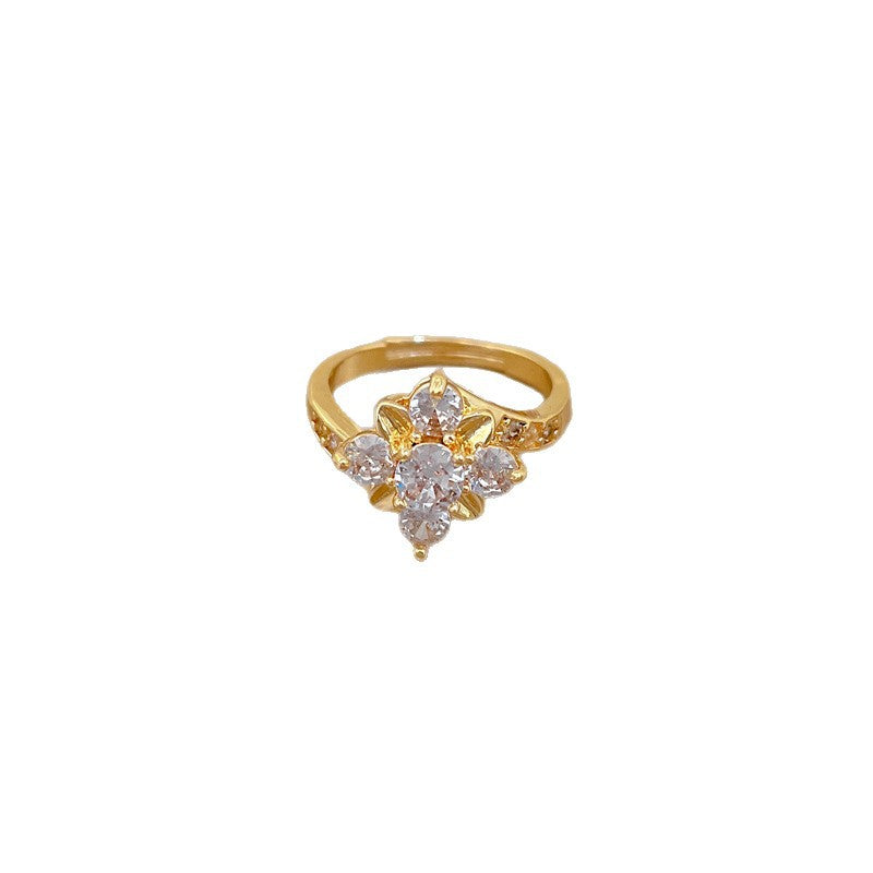 Sweet Gold Plated Floral Cubic Zirconia Adjustable Ring for Women and Men