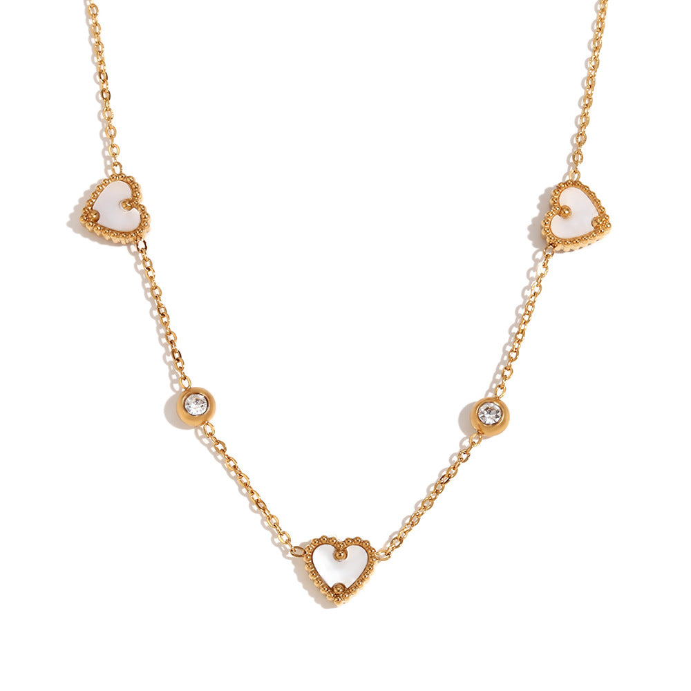 Minimalist Heart-Shaped Stainless Steel Plated 18K Gold Necklace with Three Shell Pendants and Round Rhinestones for Women