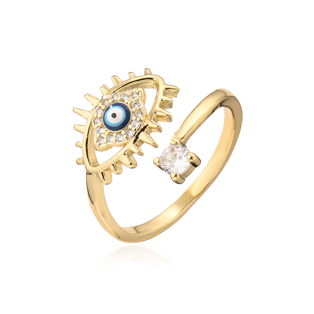 Minimalist Evil Eye Ring for Women Made of Copper with Micro-Pave Zirconia and Enamel Finish