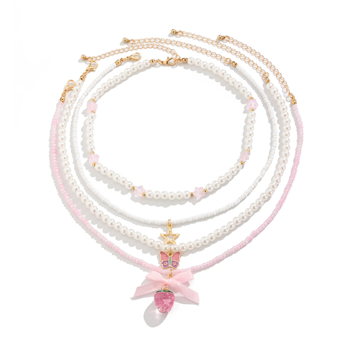 Sweet Strawberry Pendant Multi-Layer Alloy Necklace with Imitation Pearl Beads for Women