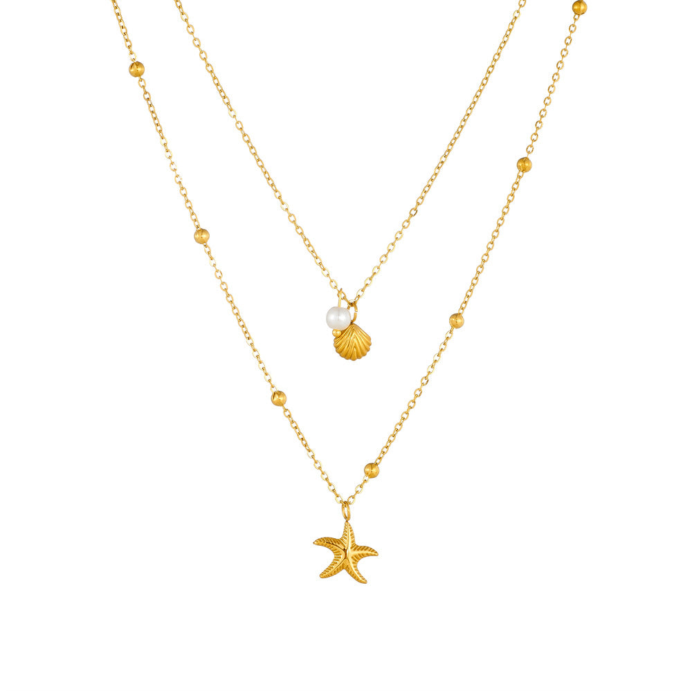 Minimalist Elegant Gold Plated Stainless Steel Star and Teardrop Pearl Layered Necklace for Women