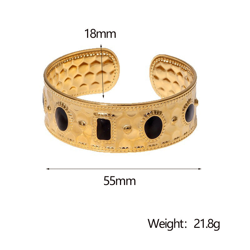 Luxury Vintage-Inspired Irregular Shape Stainless Steel Bracelet for Women with 18K Gold Plating and Enamel Finish