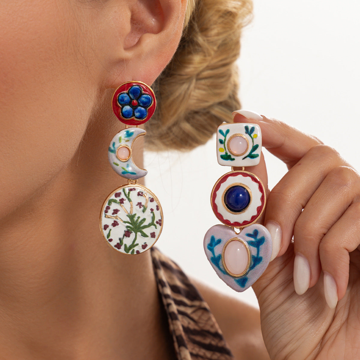 Sweet Floral Drip Oil Plated Zinc Alloy Heart Moon Geometric Earrings for Women